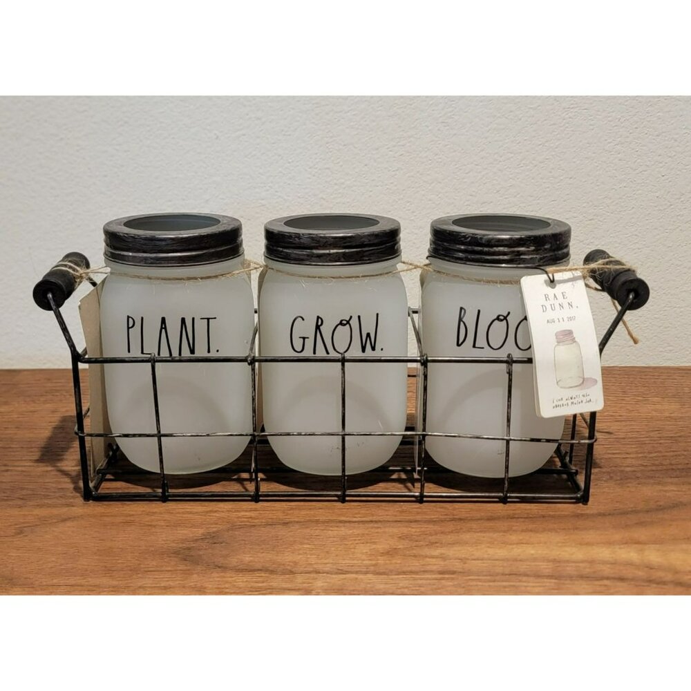 RARE Rae Dunn Plant Grow Bloom Mason Jar Set With Wire Holder 2017